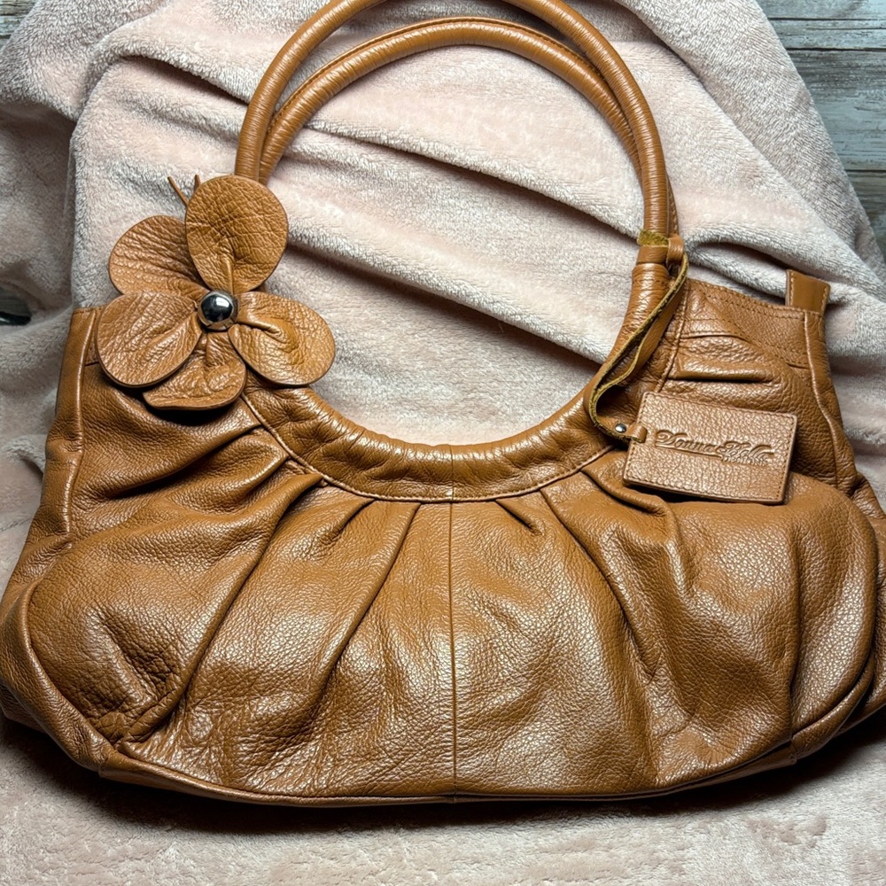 Chic Camel color Leather Shoulder Bag with Floral Accent